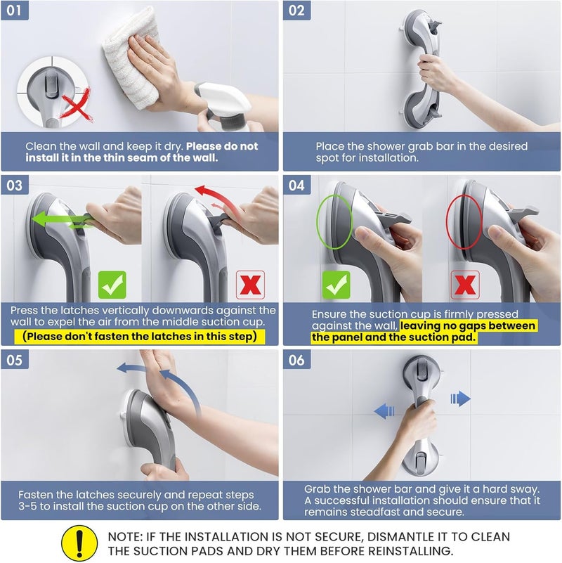 TAILINK Shower Grab Bar Suction Cup 12 inch, 2 Pack Grab Bars for Bathtubs, Bathroom Safety Grip Shower Handle for Elderly and Seniors, Bath Handrails Removable Waterproof No Drilling Silver - Image 5